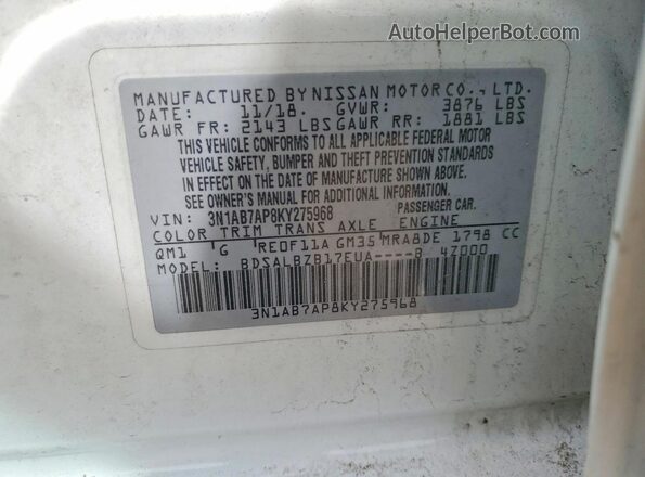 3N1AB7AP8KY275968 2019 NISSAN SENTRA Белый Вид наклейки с VIN-кодом