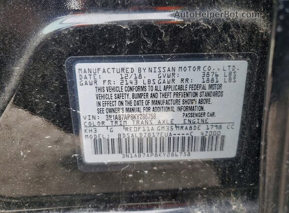 3N1AB7AP8KY286758 2019 NISSAN SENTRA Black VIN კოდის სტიკერის ხედი