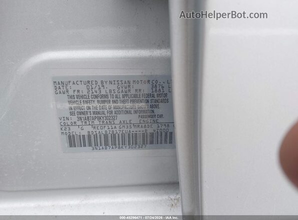 3N1AB7AP8KY302327 2019 NISSAN SENTRA Серый Вид наклейки с VIN-кодом