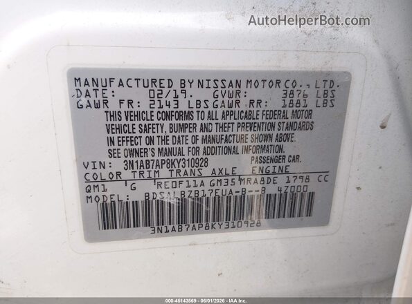 3N1AB7AP8KY310928 2019 NISSAN SENTRA White Vista del compartimento del motor