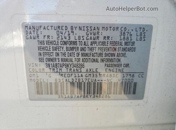 3N1AB7AP8KY348286 2019 NISSAN SENTRA White 