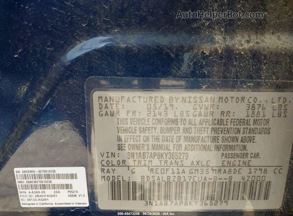 3N1AB7AP8KY365279 2019 NISSAN SENTRA Blue ძრავის განყოფილების ხედი