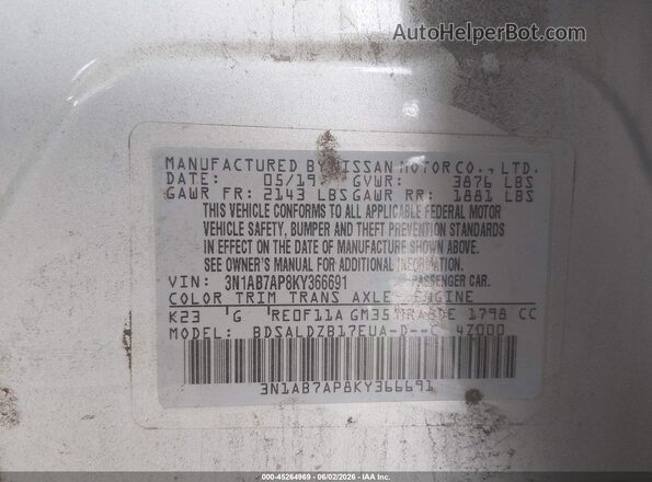 3N1AB7AP8KY366691 2019 NISSAN SENTRA Silver Вид підкапотного простору