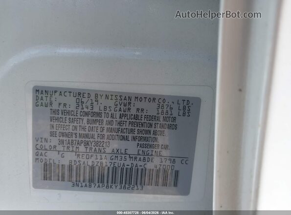 3N1AB7AP8KY382213 2019 NISSAN SENTRA White Vista del compartimento del motor