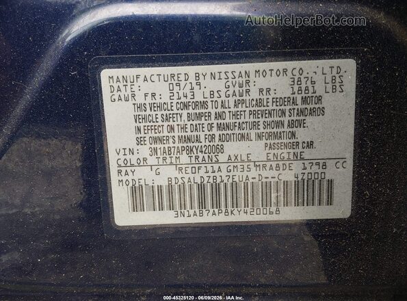 3N1AB7AP8KY420068 2019 NISSAN SENTRA Blue Widok komory silnika