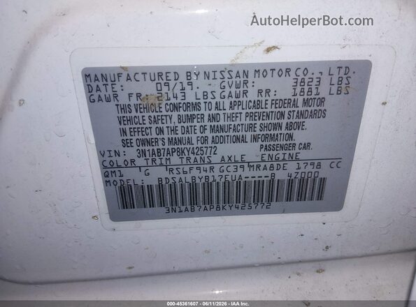 3N1AB7AP8KY425772 2019 NISSAN SENTRA White Vista del compartimento del motor