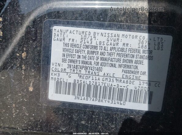 3N1AB7AP8KY431460 2019 NISSAN SENTRA Черный Вид подкапотного пространства