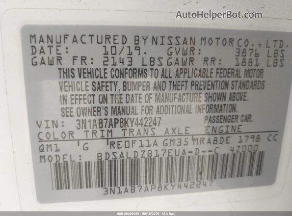 3N1AB7AP8KY442247 2019 NISSAN SENTRA White Engine compartment view
