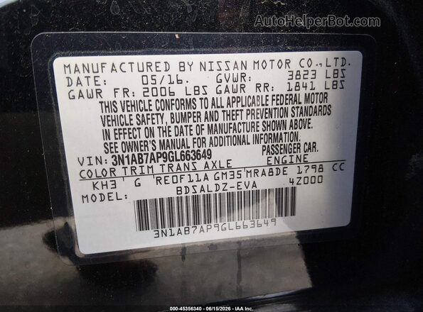 3N1AB7AP9GL663649 2016 NISSAN SENTRA Black Engine compartment view