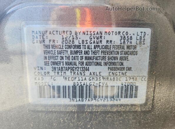 3N1AB7AP9GY213244 2016 NISSAN SENTRA Gray VIN კოდის სტიკერის ხედი