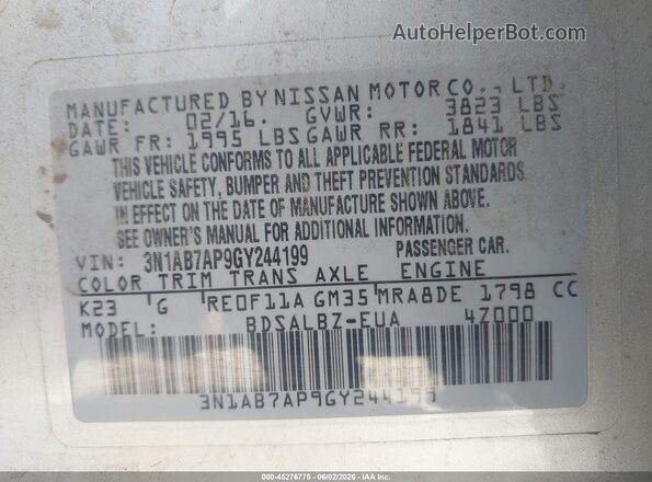3N1AB7AP9GY244199 2016 NISSAN SENTRA Silver Вид підкапотного простору