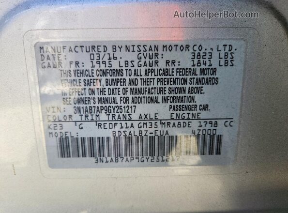 3N1AB7AP9GY251217 2016 NISSAN SENTRA Silver 
