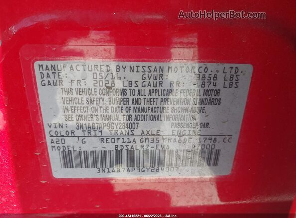 3N1AB7AP9GY284007 2016 NISSAN SENTRA Red Widok komory silnika