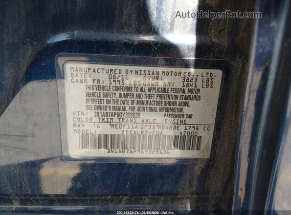 3N1AB7AP9GY328636 2016 NISSAN SENTRA Blue Շարժիչի բաժամունքի տեսք