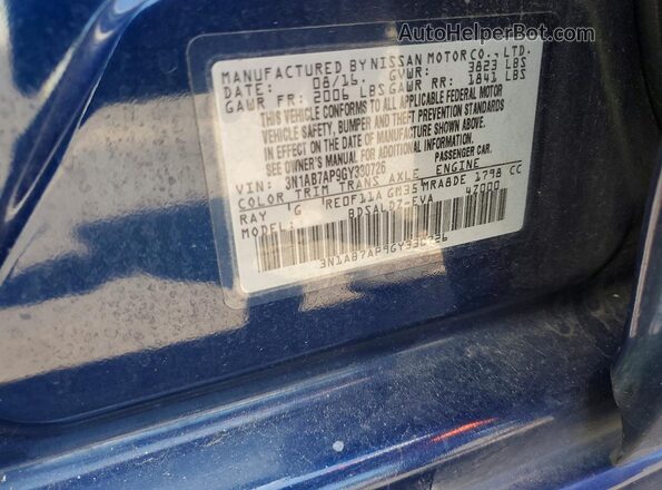3N1AB7AP9GY330726 2016 NISSAN SENTRA Blue VIN კოდის სტიკერის ხედი