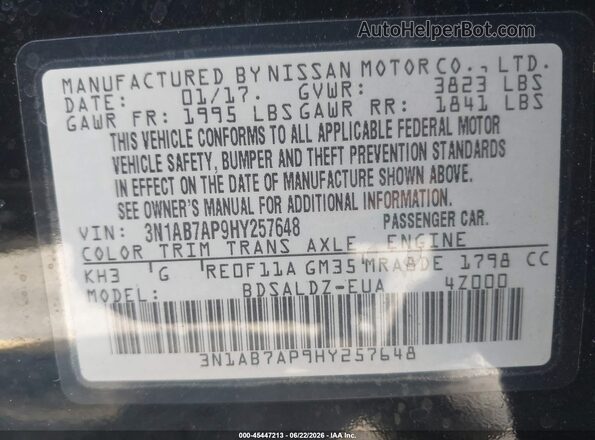 3N1AB7AP9HY257648 2017 NISSAN SENTRA Black Widok komory silnika