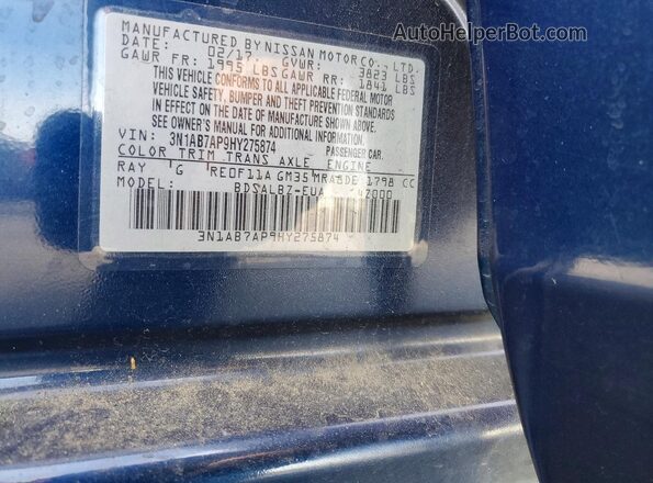 3N1AB7AP9HY275874 2017 NISSAN SENTRA Синий Вид подкапотного пространства