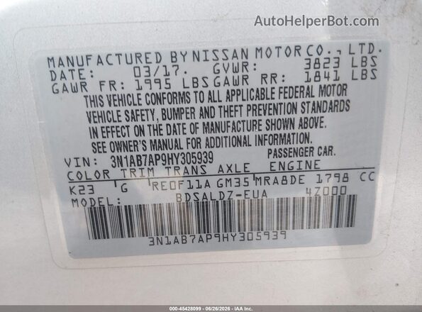 3N1AB7AP9HY305939 2017 NISSAN SENTRA Серебряный Вид подкапотного пространства