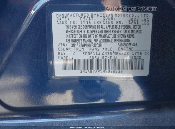 3N1AB7AP9HY332638 2017 NISSAN SENTRA Blue Շարժիչի բաժամունքի տեսք