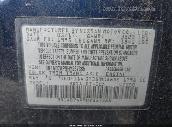 3N1AB7AP9HY337385 2017 NISSAN SENTRA Blue Vista del compartimento del motor