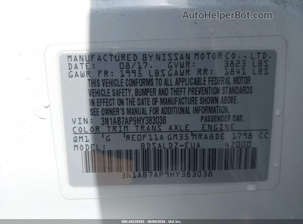 3N1AB7AP9HY383038 2017 NISSAN SENTRA White 