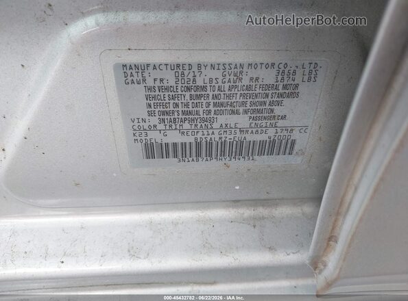 3N1AB7AP9HY394931 2017 NISSAN SENTRA Silver ძრავის განყოფილების ხედი