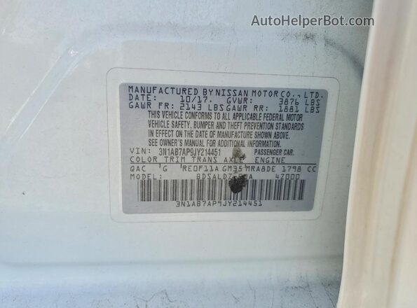 3N1AB7AP9JY214451 2018 NISSAN SENTRA White Շարժիչի բաժամունքի տեսք