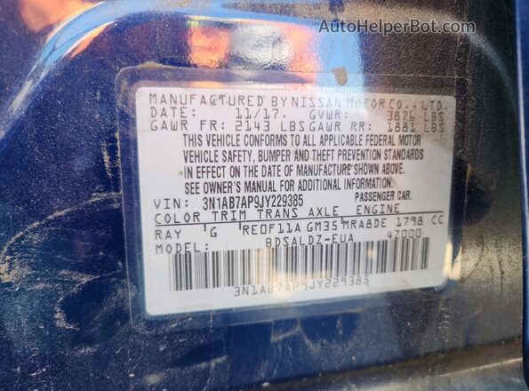 3N1AB7AP9JY229385 2018 NISSAN SENTRA Blue VIN կոդի պիտակի տեսք