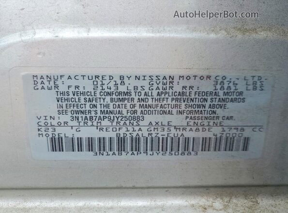 3N1AB7AP9JY250883 2018 NISSAN SENTRA Silver VIN sticker view