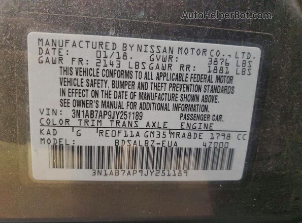 3N1AB7AP9JY251189 2018 NISSAN SENTRA Gray Vista de la etiqueta del VIN