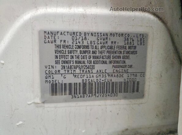 3N1AB7AP9JY254030 2018 NISSAN SENTRA White Вид наклейки з VIN-кодом