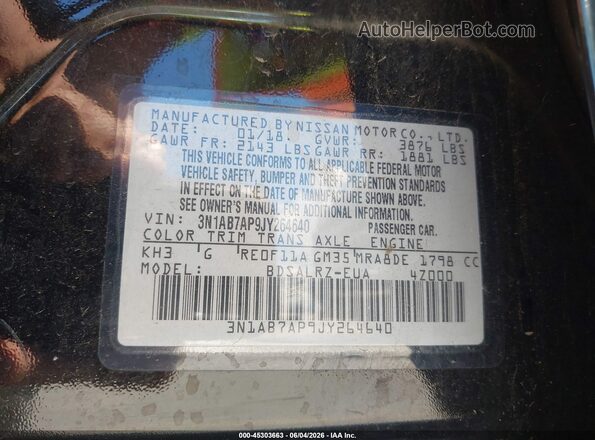 3N1AB7AP9JY264640 2018 NISSAN SENTRA Black Вид підкапотного простору
