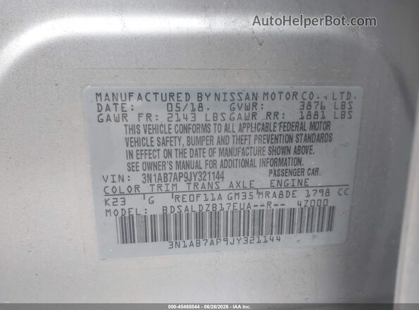 3N1AB7AP9JY321144 2018 NISSAN SENTRA Silver Շարժիչի բաժամունքի տեսք