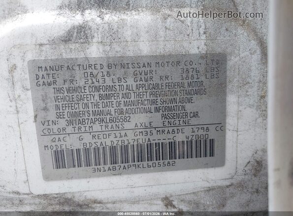 3N1AB7AP9KL605582 2019 NISSAN SENTRA White Vista del compartimento del motor