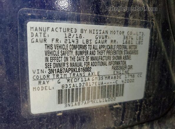 3N1AB7AP9KL616002 2019 NISSAN SENTRA Blue Vista del compartimento del motor