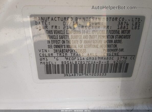 3N1AB7AP9KY203533 2019 NISSAN SENTRA White Շարժիչի բաժամունքի տեսք