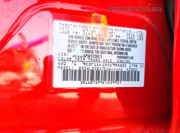 3N1AB7AP9KY239917 2019 NISSAN SENTRA Red Widok komory silnika