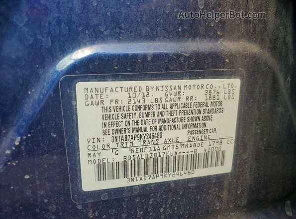 3N1AB7AP9KY246480 2019 NISSAN SENTRA Blue ძრავის განყოფილების ხედი