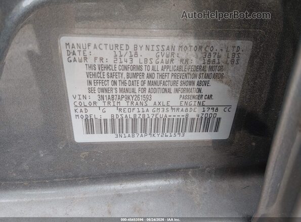 3N1AB7AP9KY261593 2019 NISSAN SENTRA Gray ძრავის განყოფილების ხედი