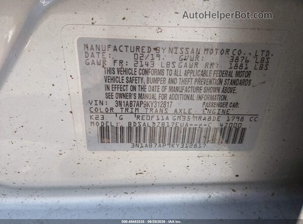 3N1AB7AP9KY312817 2019 NISSAN SENTRA Silver Շարժիչի բաժամունքի տեսք