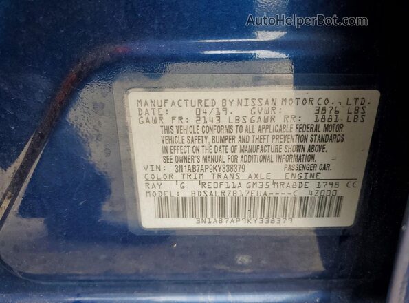 3N1AB7AP9KY338379 2019 NISSAN SENTRA Blue Widok naklejki z numerem VIN