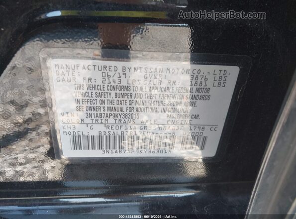 3N1AB7AP9KY383015 2019 NISSAN SENTRA Black ძრავის განყოფილების ხედი