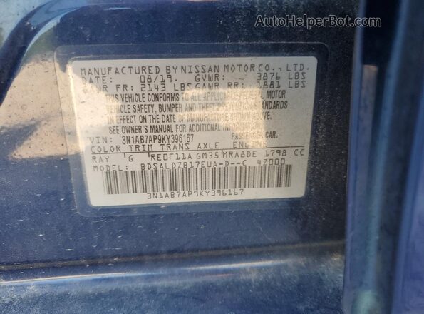 3N1AB7AP9KY396167 2019 NISSAN SENTRA Blue 