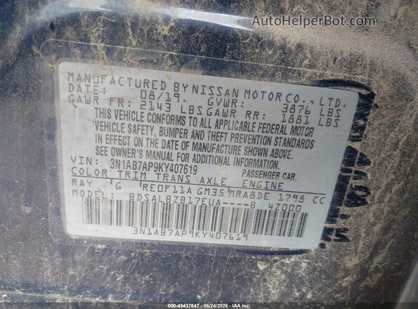 3N1AB7AP9KY407619 2019 NISSAN SENTRA Blue Widok komory silnika