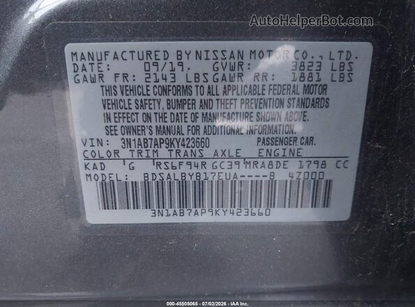 3N1AB7AP9KY423660 2019 NISSAN SENTRA Gray Widok komory silnika