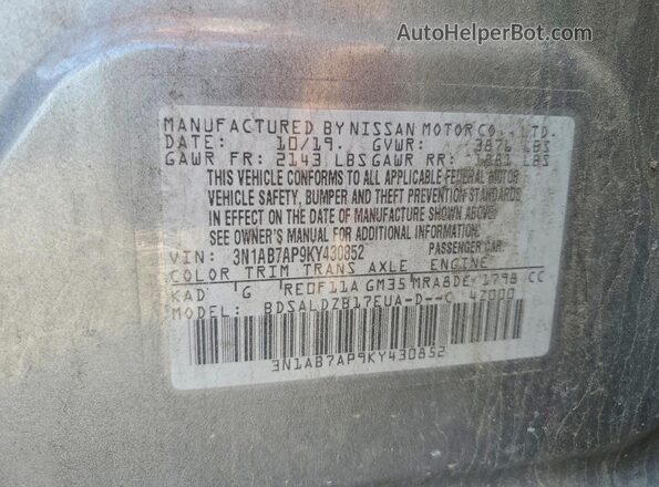 3N1AB7AP9KY430852 2019 NISSAN SENTRA Silver Շարժիչի բաժամունքի տեսք