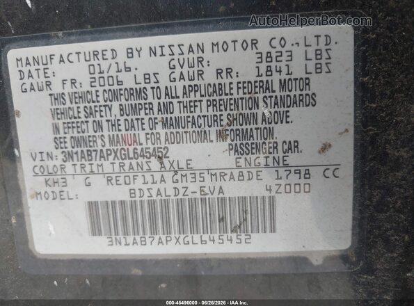 3N1AB7APXGL645452 2016 NISSAN SENTRA Black Вид підкапотного простору