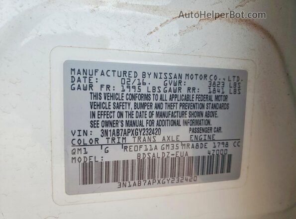 3N1AB7APXGY232420 2016 NISSAN SENTRA White Widok naklejki z numerem VIN