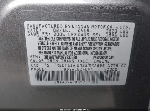 3N1AB7APXGY237388 2016 NISSAN SENTRA Gray Engine compartment view
