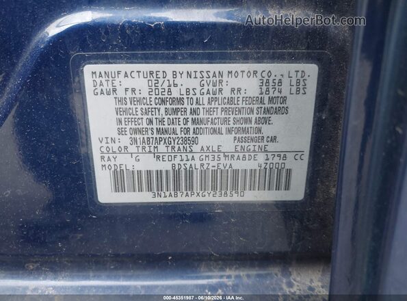 3N1AB7APXGY238590 2016 NISSAN SENTRA Blue 